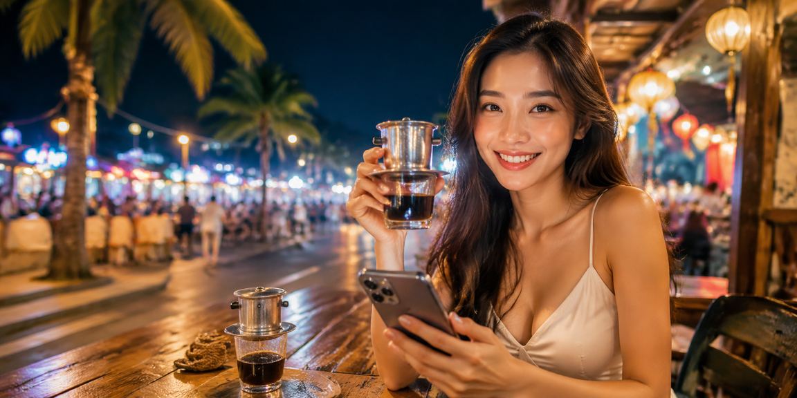 Người dùng Nha Trang nhâm nhi cà phê và đăng nhập casino trên điện thoại